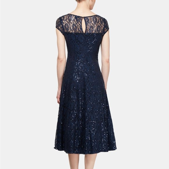 SL Fashions Navy Sequined Lace Midi Dress Size 18 - Picture 2 of 2